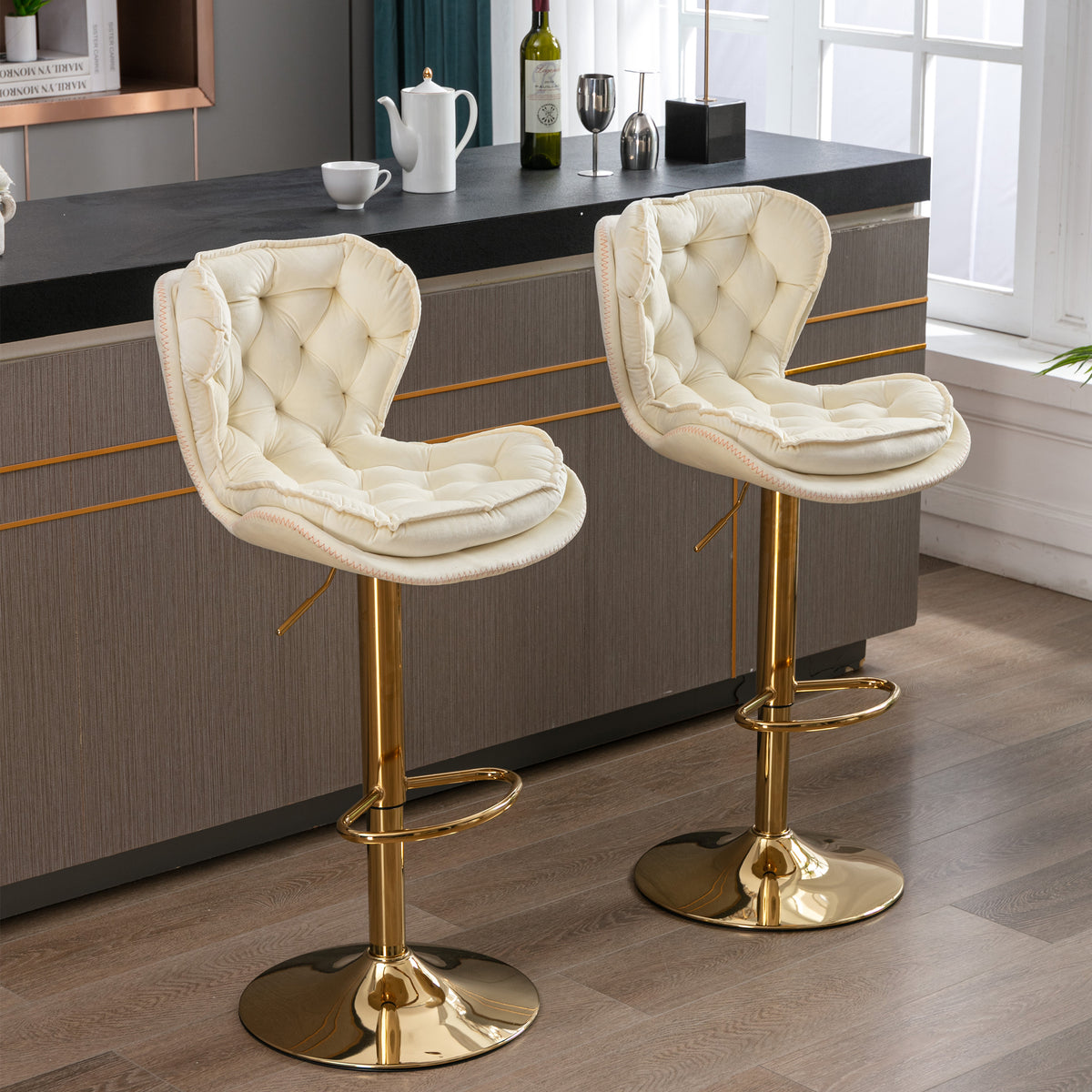 Set of 2  Bar Stools,with Chrome Footrest and Base Swivel Height Adjustable Mechanical Lifting Velvet + Golden Leg Simple Bar Stool-cream - Grand Goldman Shop