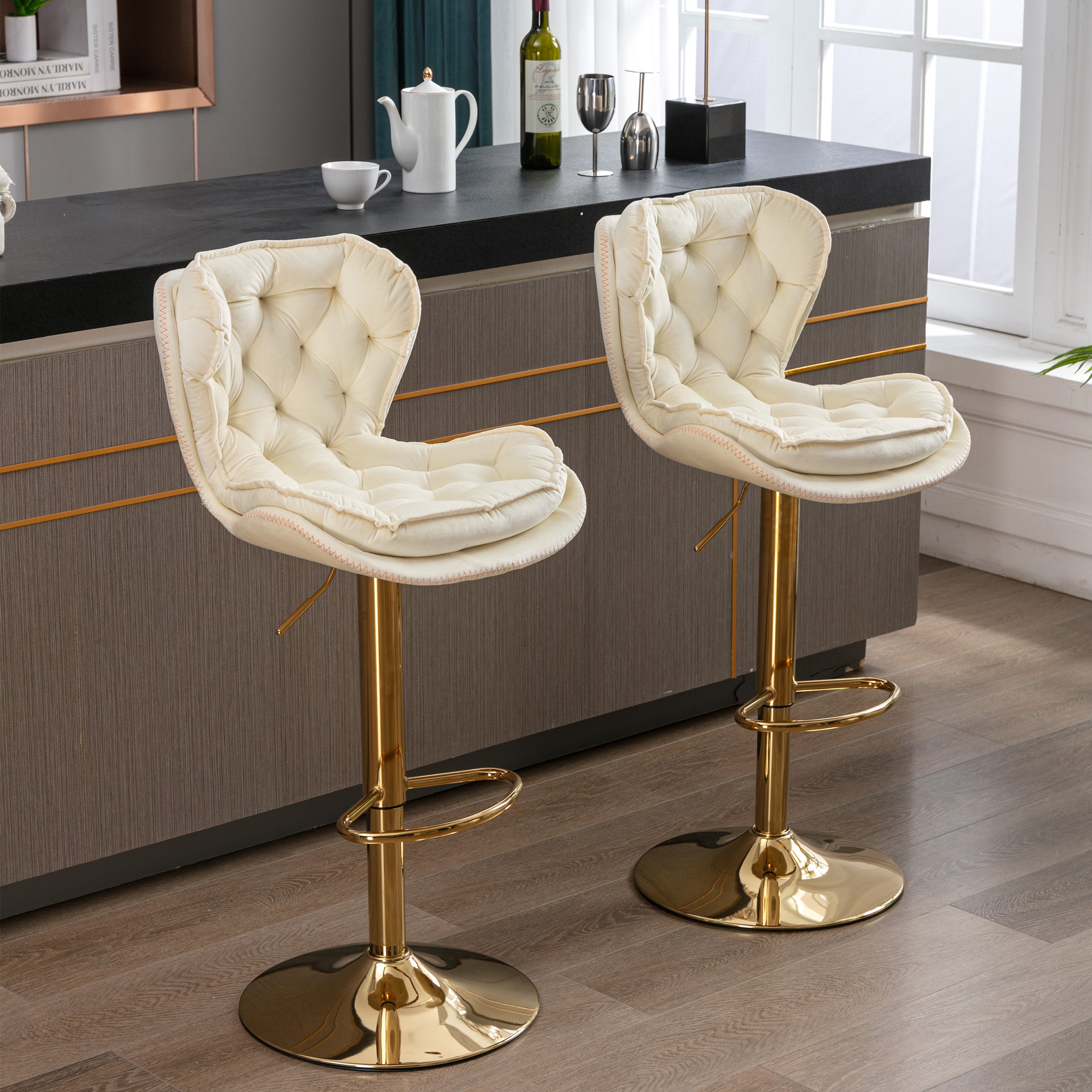 Set of 2  Bar Stools,with Chrome Footrest and Base Swivel Height Adjustable Mechanical Lifting Velvet + Golden Leg Simple Bar Stool-cream - Grand Goldman Shop