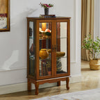 Lighted Curio Cabinet with Adjustable Shelves, Mirrored Back Panel, and Tempered Glass Doors, 3-Tier Oak Finish - Grand Goldman Shop