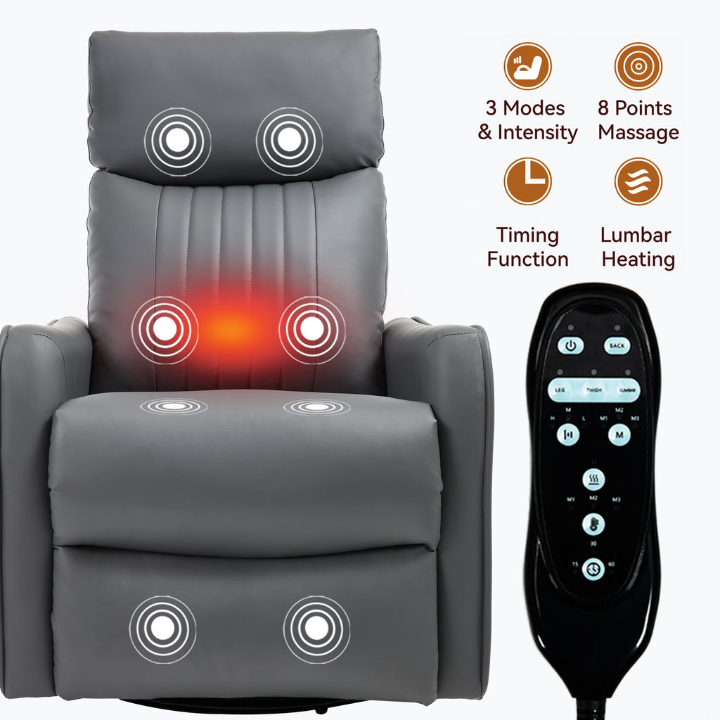 Grey Faux Leather Heat Massage Manual Recliner Chair with Rocker and Swivel for Living Room - Grand Goldman Shop