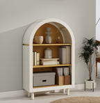 Arched Small Bookcase,Arched Storage Cabinet,Wooden Modern Arched Top Bookshelf with 3 Shelves,White with Woodgrain Shelves, 3-Tier Storage Shelf for Living Room, Bedroom, Entryway - Grand Goldman Shop