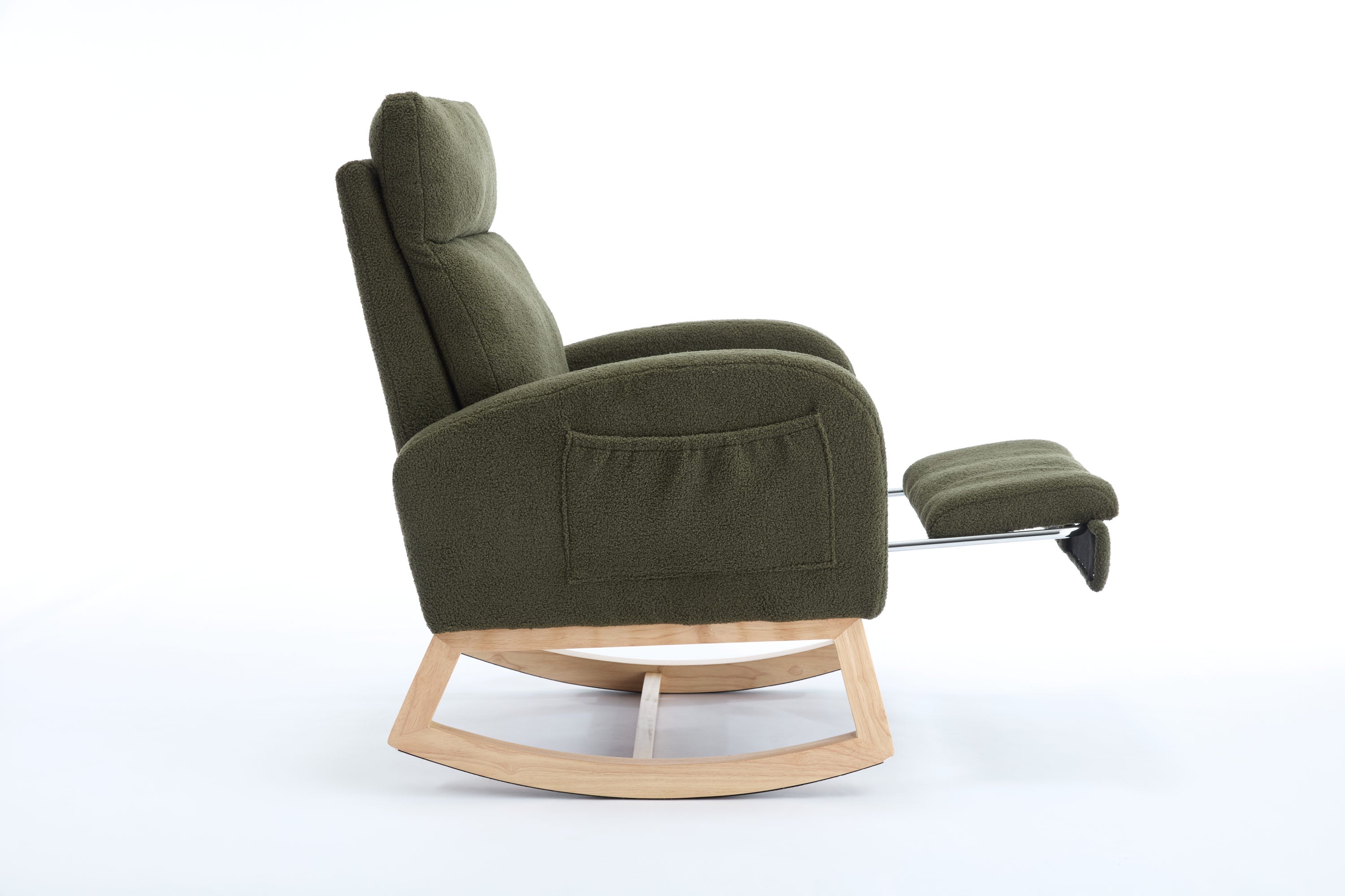015B-Teddy Fabric Leisure Rocking Chair,Nursery Rocking Chair With Adjustable Footstool,Thickened Headrest And High Backrest, Storage Pocket On The Right Side,The Base Rocker Is Solid Wood,Green - Grand Goldman Shop