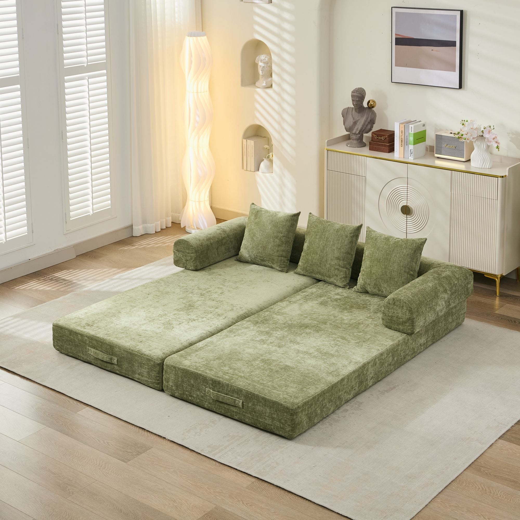 Comfy Convertible Folding Mattress Couch, Floor Sofa Bed, Chenille Floor Sofa with Armrest, Floor Sofa Lounge Couch for Living Room Bedroom Lounge Studio-Green - Grand Goldman Shop