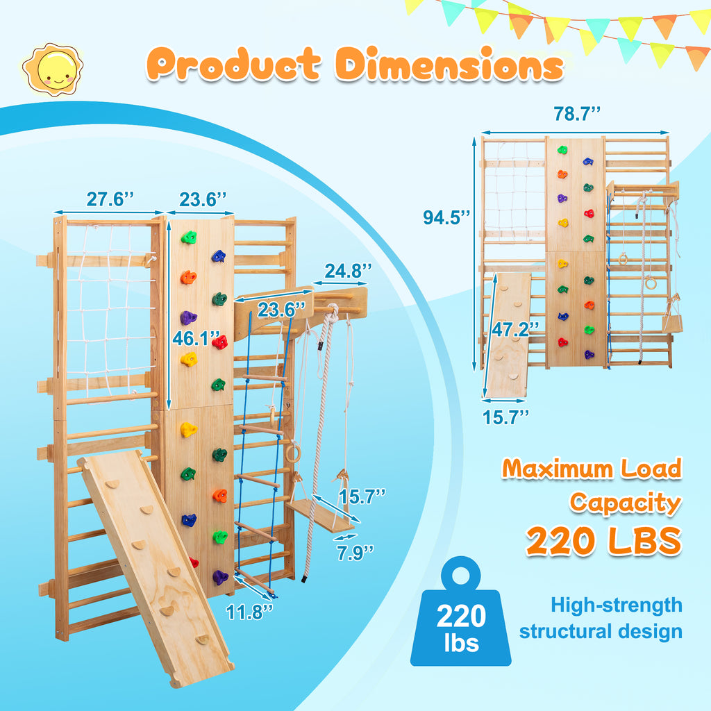 All-in-One 10-in-1 Indoor Climbing Set - Featuring a Rock Climbing Wall, Wooden Swings, Gymnastic Rings, Rope Ladders, and St