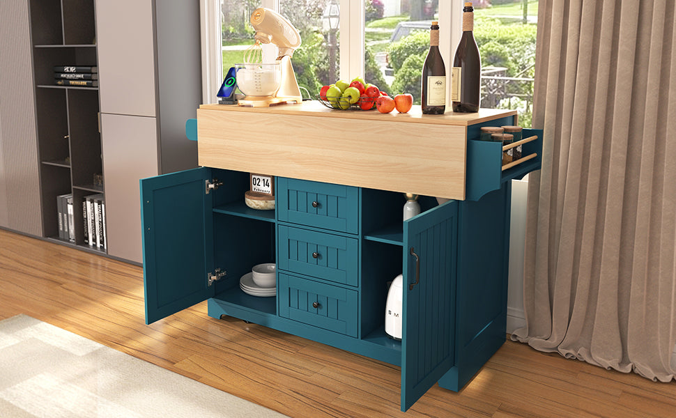 K&K 55.7'' Large Kitchen Island with 2 Drop Leaf,, Rolling Kitchen Cart on 5 Wheels with Power Outlet, Folding Storage Dining Table with Spice & Towel Rack , 3 Drawers, for Kitchen, Dining Room,Green - Grand Goldman Shop
