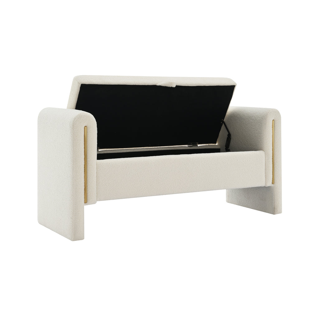 Modern Teddy Bed End Bench with Arms and Storage, Upholstered Large Foot Rest Stool, Cream Plywood, 52.3 x 18.5 x 24.4 inches - Grand Goldman Shop