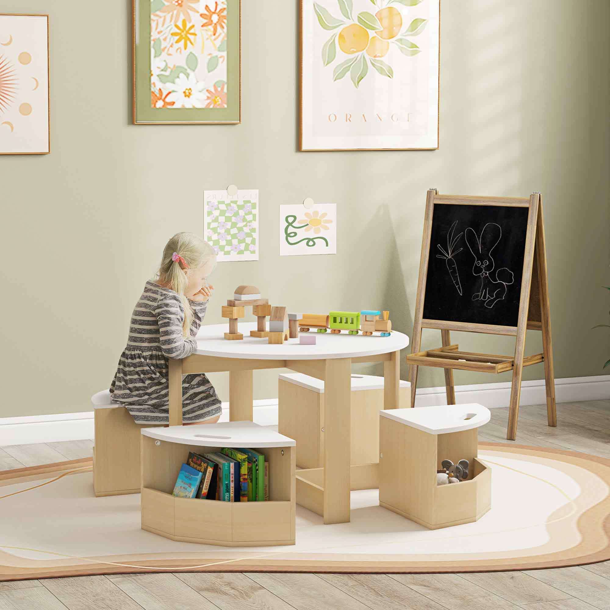 Qaba Kids Table and Chairs Set, 5 Piece Toddler Table and Chairs Set with Storage for Art, Craft, Drawing, Playroom, Classroo