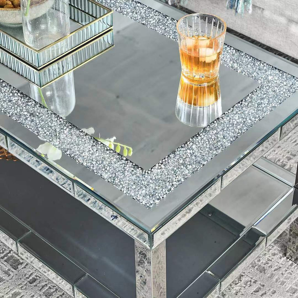 W 39.5' X D 19.5'X H 19.5' 2-layer crystal mirror stainless steel frame coffee table for use in offices, shops, living rooms, or bedrooms - Grand Goldman Shop