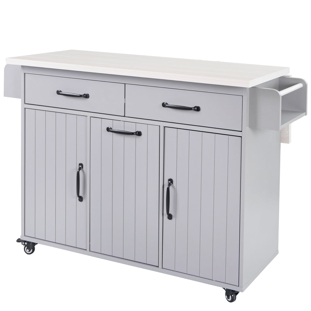K&K Kitchen Island with Trash Can Storage Cabinet, Kitchen Cart with Drop Leaf, Spice Rack, Towel Rack and Drawer, Rolling Kitchen Island on Wheels with Adjustable Shelf, Grey - Grand Goldman Shop