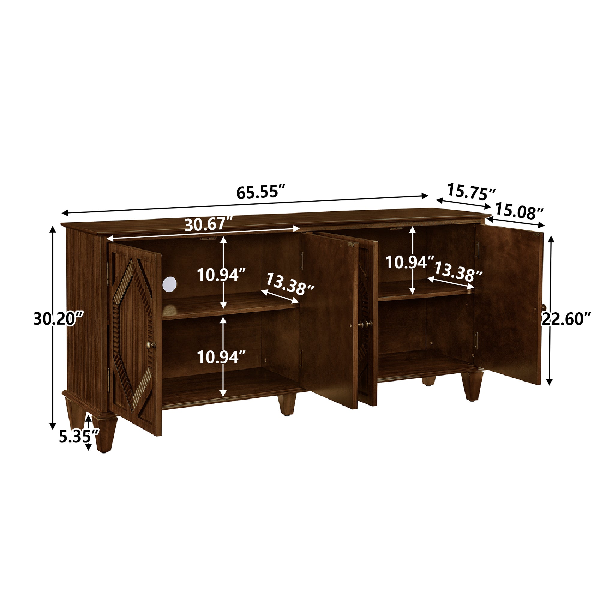 65.2' Mid Century Modern Sideboard Buffet Cabinet with Storage, Symmetrical Geometric Accent Coffee Bar Wine Bar Storage Cabinet, Large Console Table for Living Room/Entryway/Kitchen, Walnut - Grand Goldman Shop