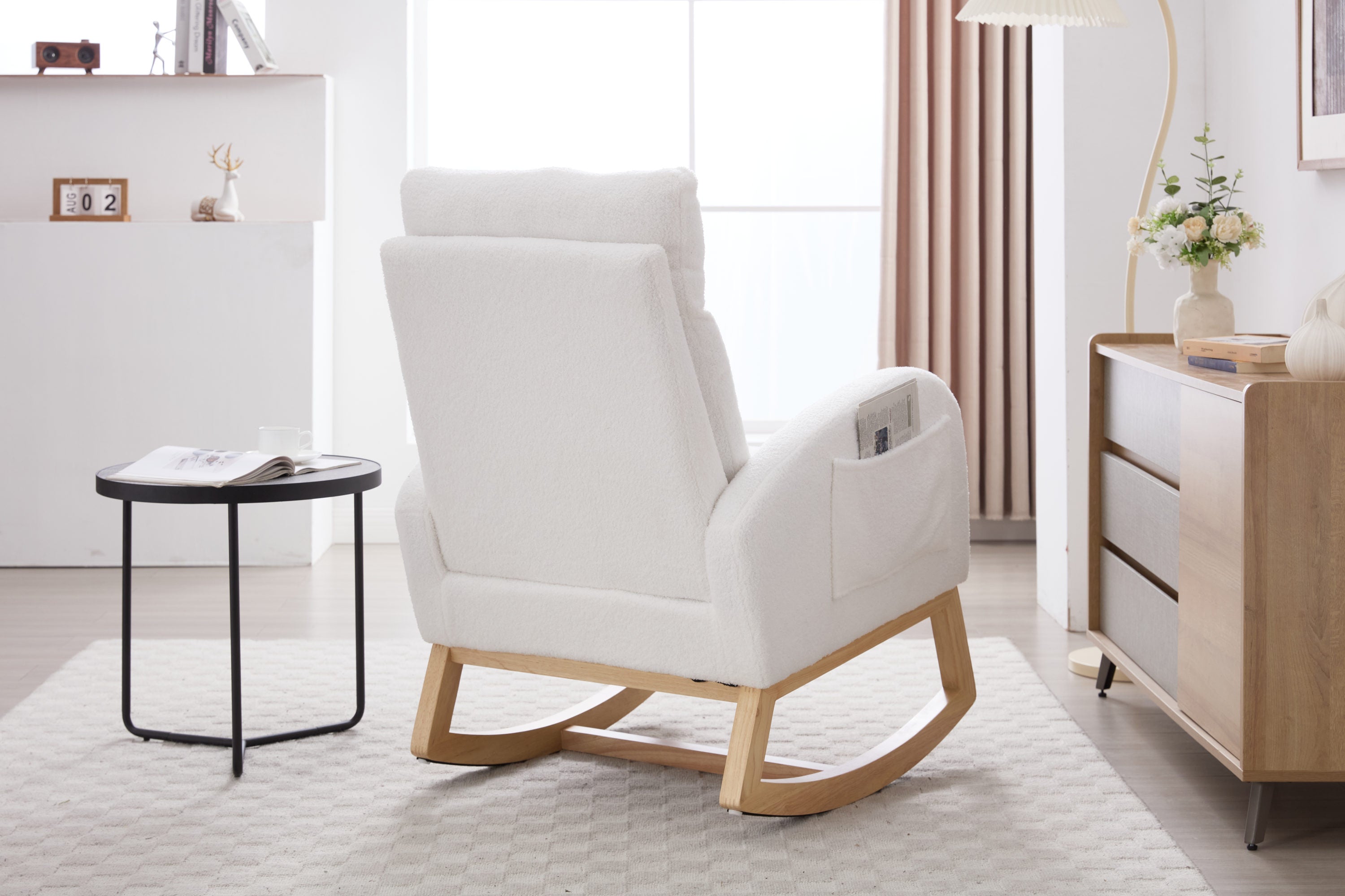 015B-Teddy Fabric Leisure Rocking Chair,Nursery Rocking Chair With Adjustable Footstool,Thickened Headrest And High Backrest, Storage Pocket On The Right Side,The Base Rocker Is Solid Wood,White - Grand Goldman Shop