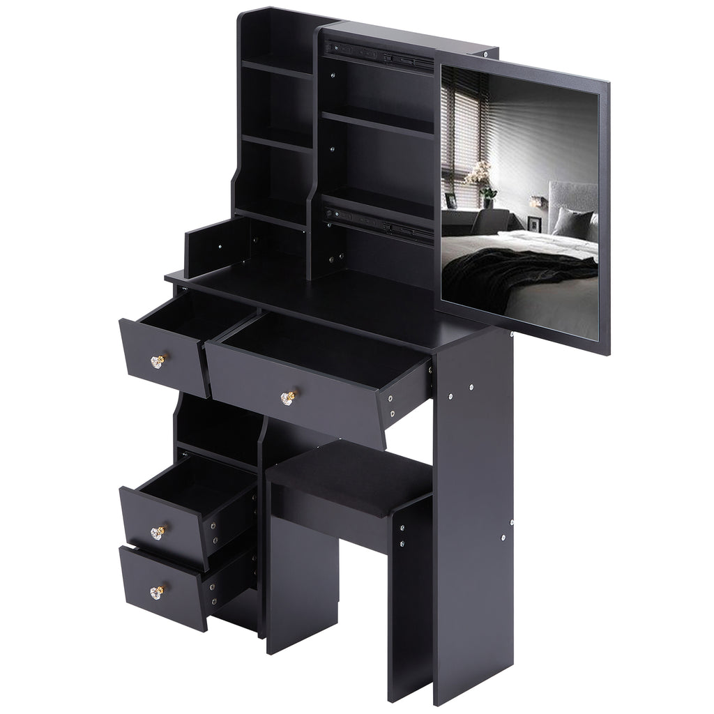 29.2' Small Space Left Drawer Desktop Vanity Table + Cushioned Stool, Extra Large Right sliding mirror, Multi Layer High Capacity Storage, Practical Fashionable Dresser, Suitable For Small Space - Grand Goldman Shop