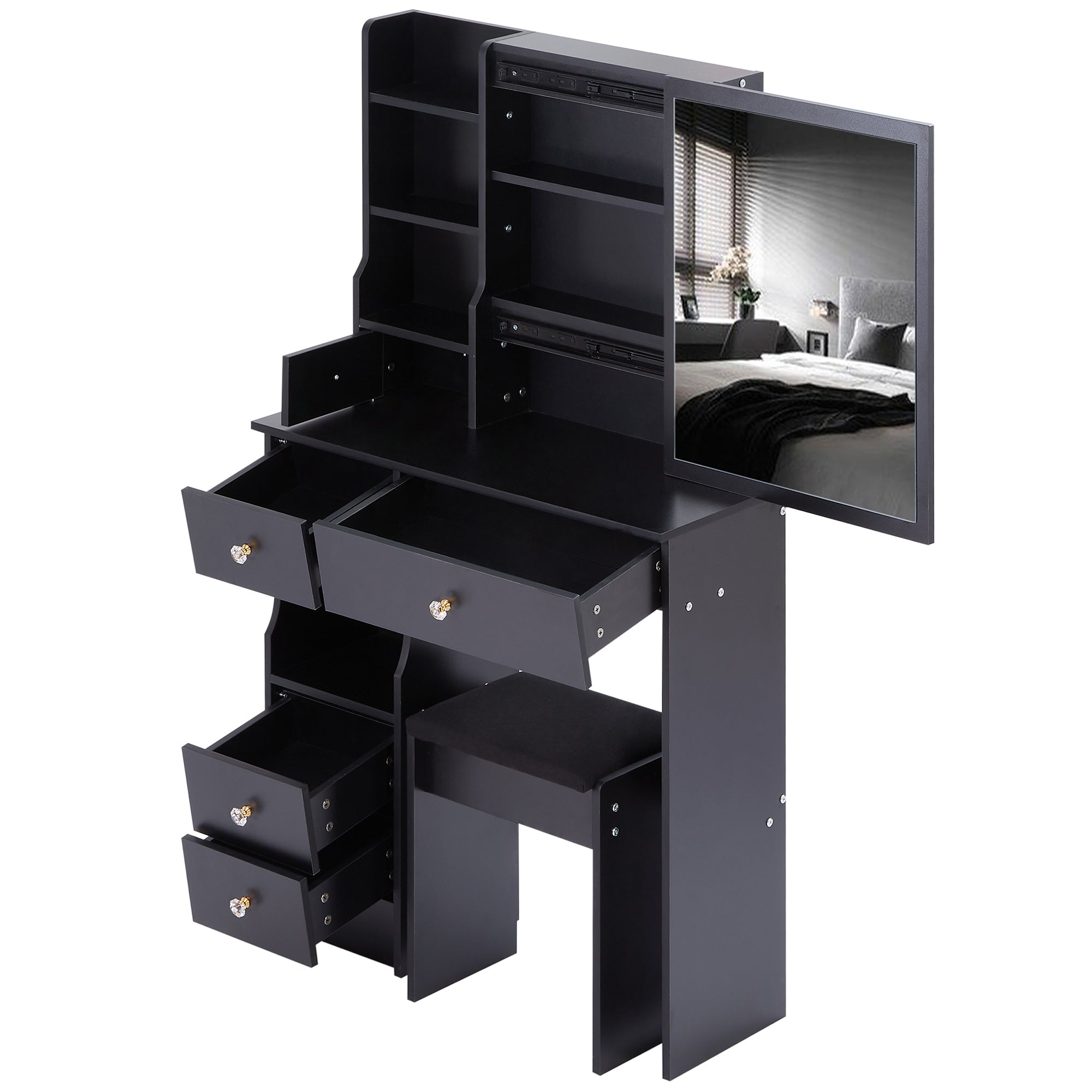 29.2' Small Space Left Drawer Desktop Vanity Table + Cushioned Stool, Extra Large Right sliding mirror, Multi Layer High Capacity Storage, Practical Fashionable Dresser, Suitable For Small Space - Grand Goldman Shop