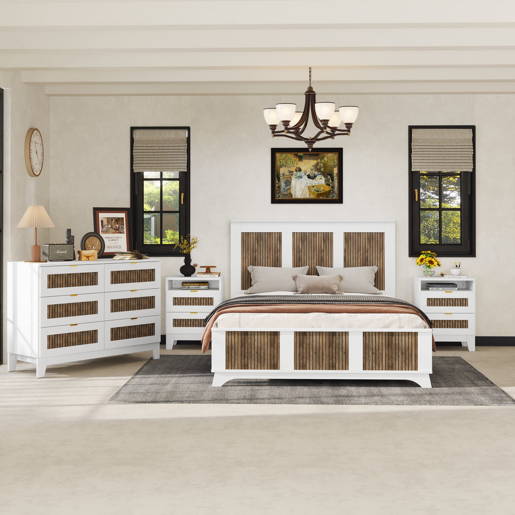 4-Pieces Bedroom Sets, Queen Size Farmhouse Platform Bed with Wooden Strip Stickers Decoration, Storage Nightstand and Dresser with Metal Handle, White(Old SKU: HL000191AAK) - Grand Goldman Shop