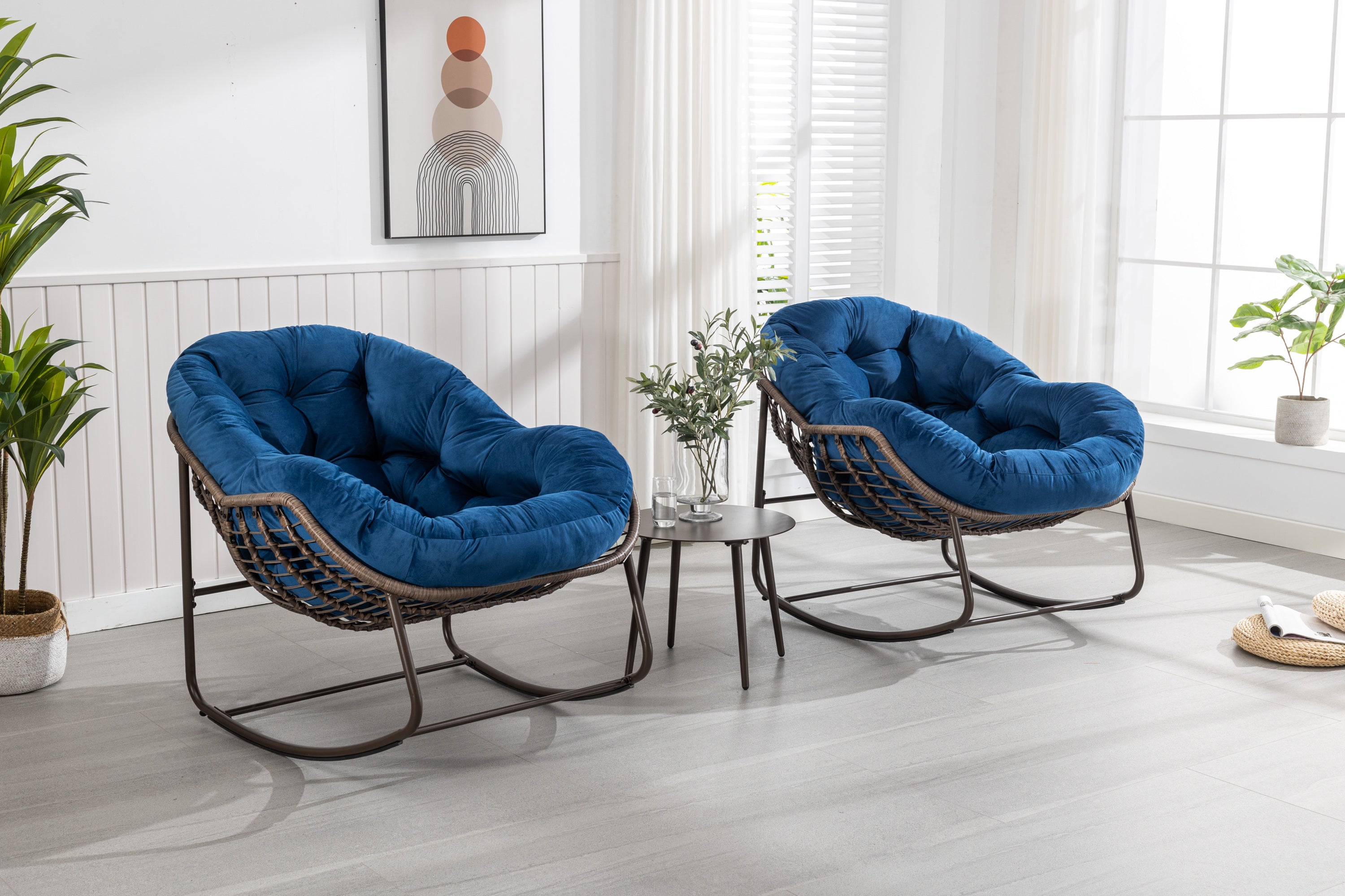 Outdoor Rattan Rocking Chair,Padded Cushion Rocker Recliner Chair Outdoor for Front Porch, Living Room, Patio, Garden, Navy Blue - Grand Goldman Shop