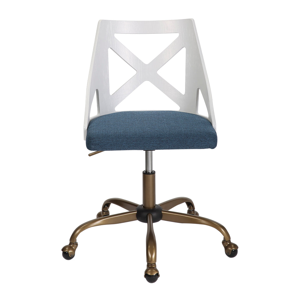 Task Chair in Antique Copper Metal, White Textured Wood, and Blue Fabric - Grand Goldman