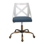 Task Chair in Antique Copper Metal, White Textured Wood, and Blue Fabric - Grand Goldman