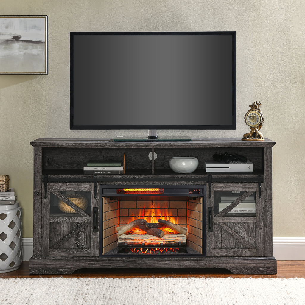 60 Inch Electric Fireplace Entertainment Center With Door Sensor-Dark Rustic Oak - Grand Goldman Shop