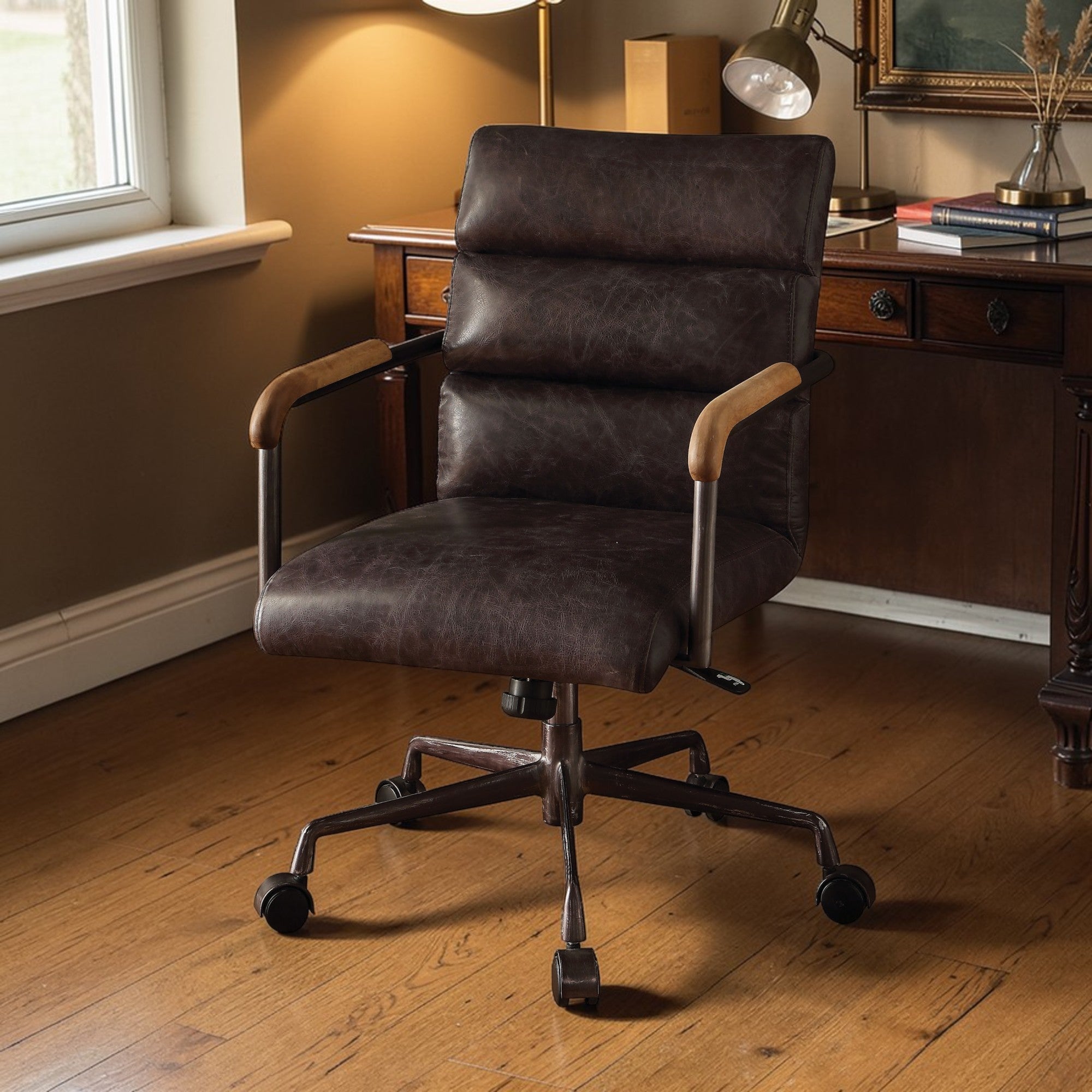 Harith Antique Slate Top Grain Leather Office Chair with Adjustable Height and Swivel Seat | Premium Home Decor - Grand Goldm