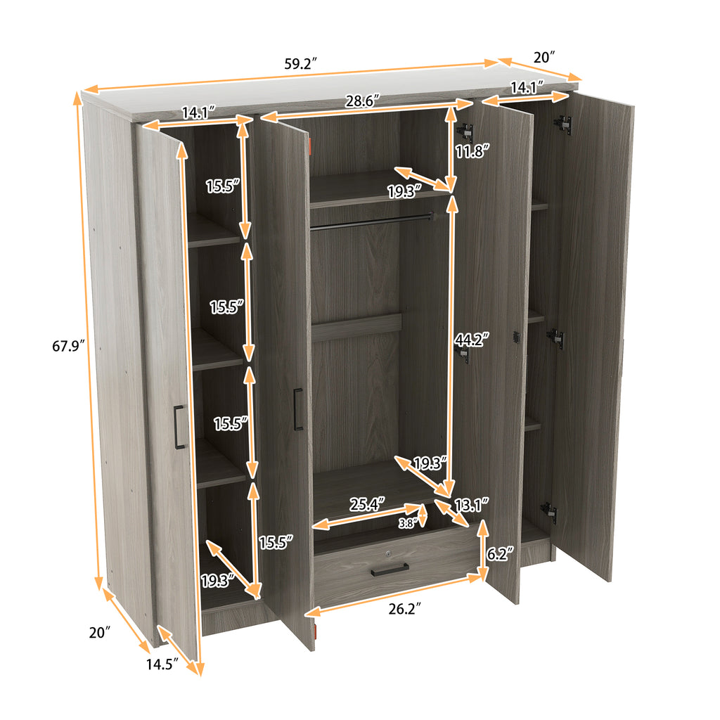 4-Door Wardrobe with 1 Drawer, Gray - Grand Goldman Shop