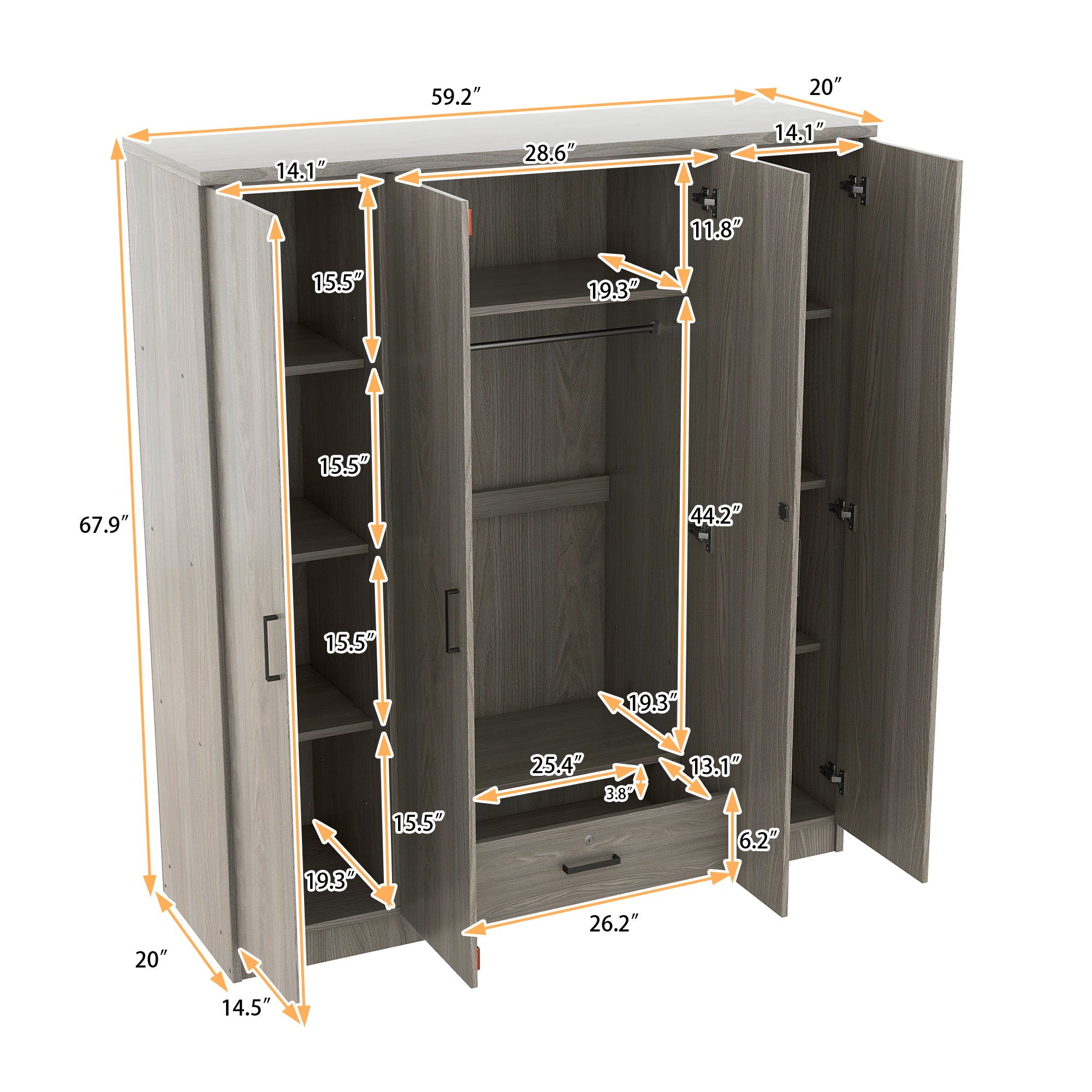 4-Door Wardrobe with 1 Drawer, Gray - Grand Goldman Shop