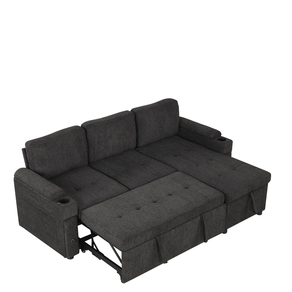 Black Convertible L-shaped Sofa Couch with Storage, Cup Holders, USB Ports, Chenille Fabric, 83.5' - Grand Goldman Shop