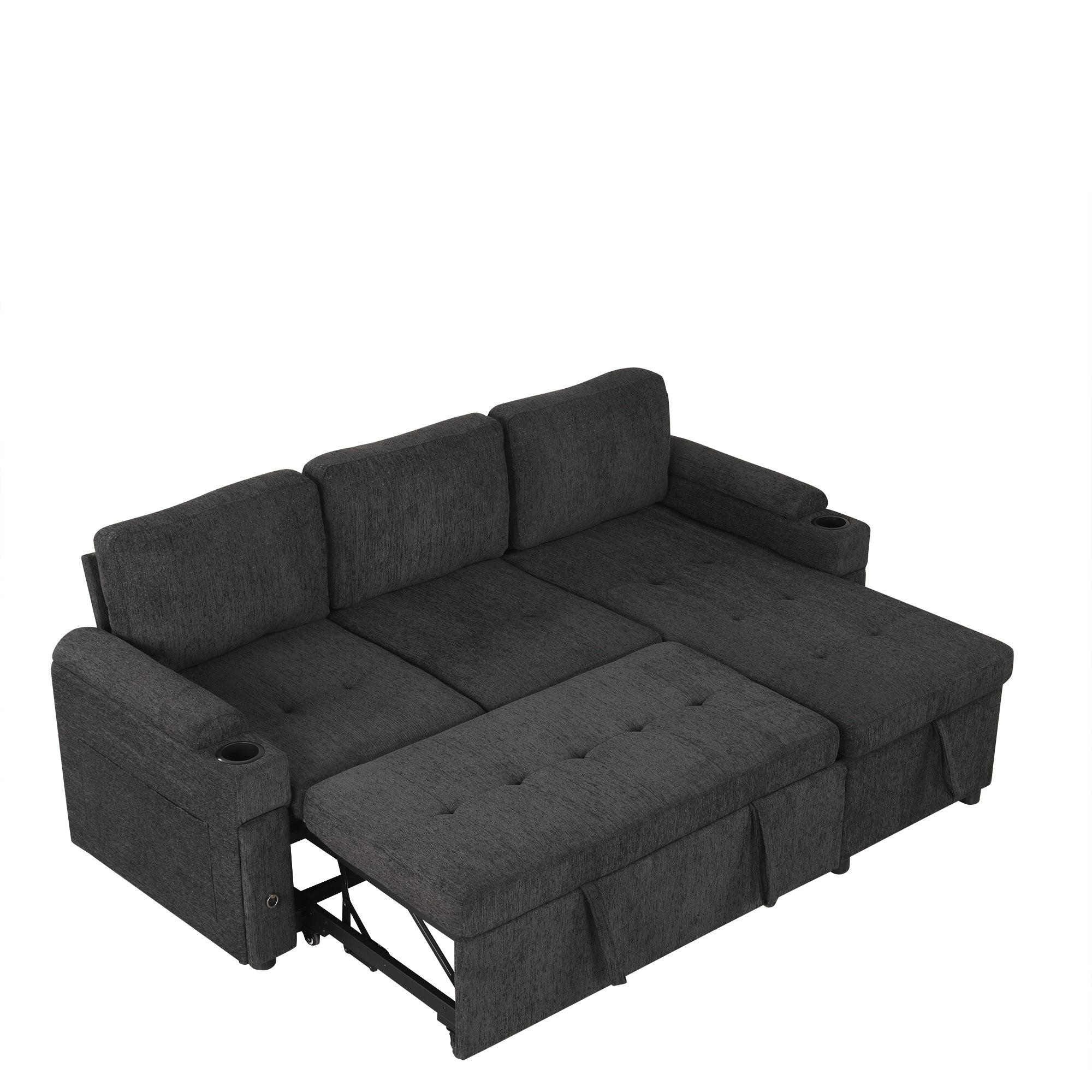 Black Convertible L-shaped Sofa Couch with Storage, Cup Holders, USB Ports, Chenille Fabric, 83.5' - Grand Goldman Shop