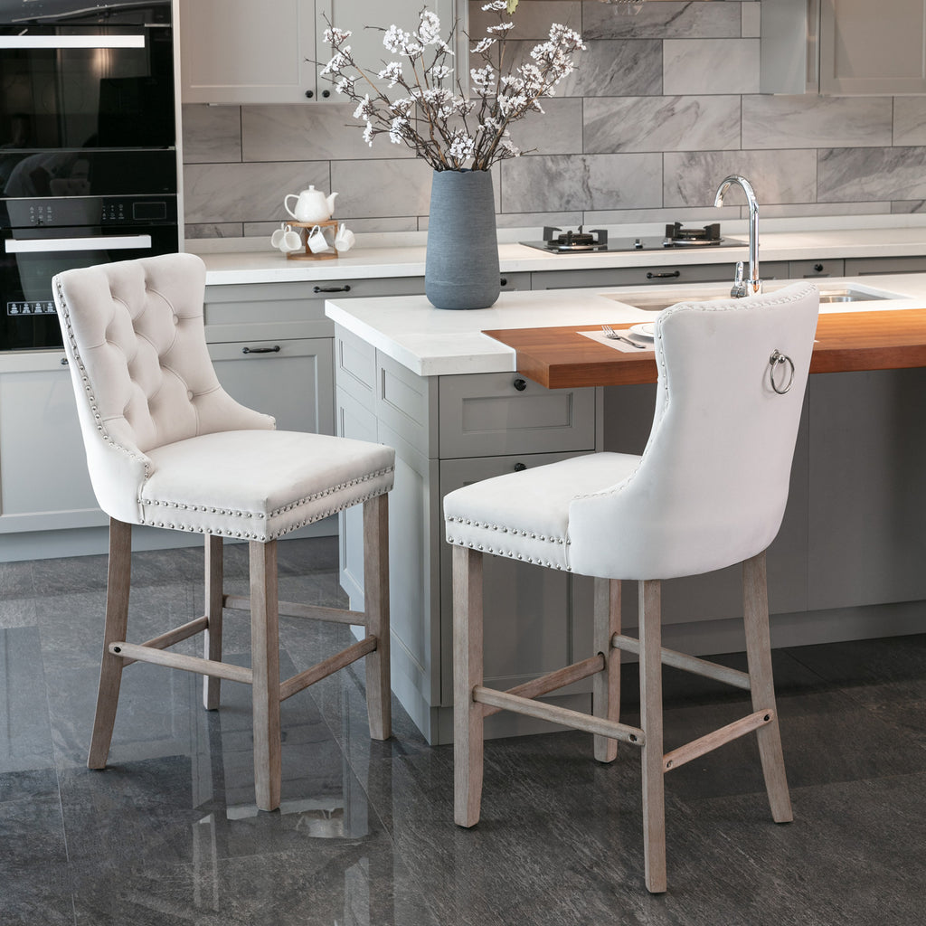 Contemporary Velvet Upholstered Barstools with Button Tufted Decoration and Wooden Legs, and Chrome Nailhead Trim, Leisure Style Bar Chairs,Bar stools, Set of 2 (Beige),SW2002BG - Grand Goldman Shop