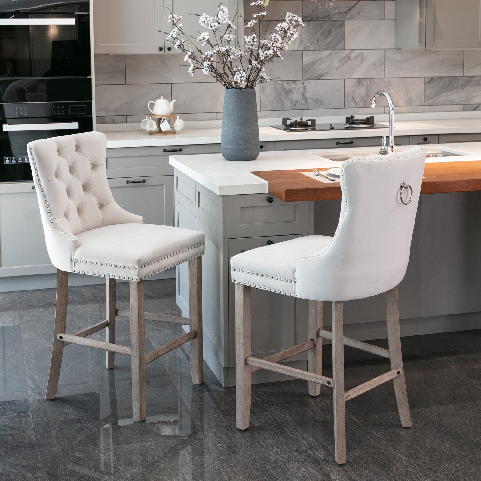 Contemporary Velvet Upholstered Barstools with Button Tufted Decoration and Wooden Legs, and Chrome Nailhead Trim, Leisure Style Bar Chairs,Bar stools, Set of 2 (Beige),SW2002BG - Grand Goldman Shop