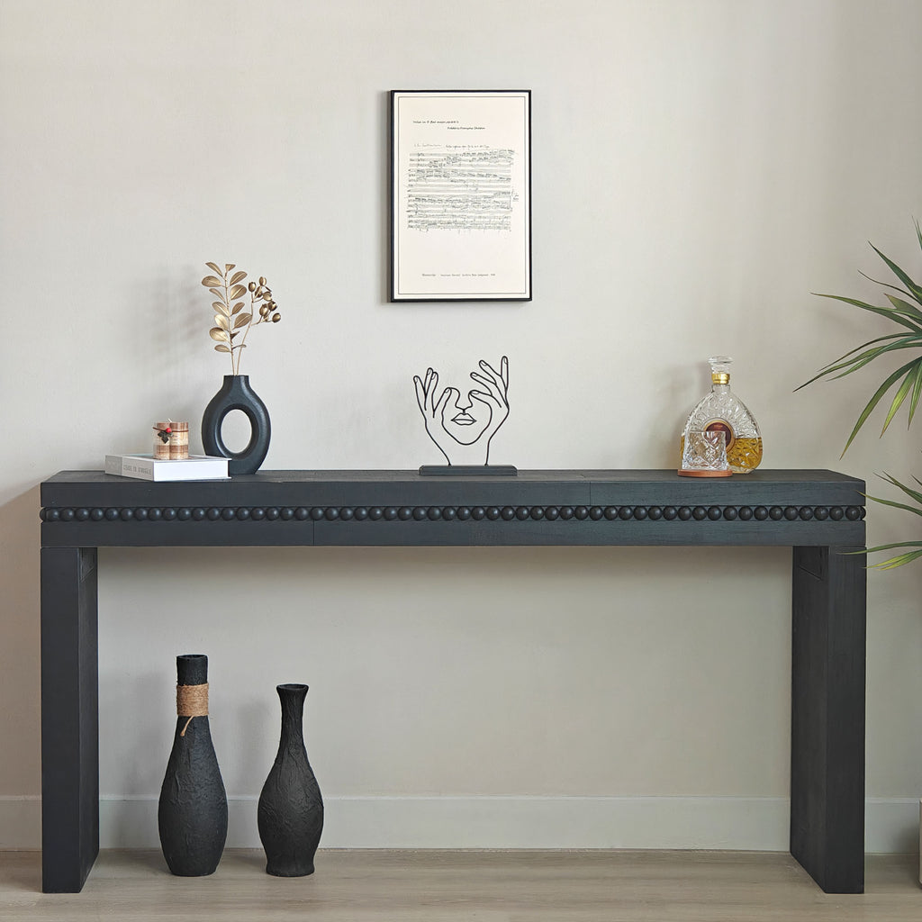 Modern Black Engineered Wood Console Table with Real Wood Bead Trim - Farmhouse Entryway Sofa Table for Living Room, Hallway - Grand Goldman Shop