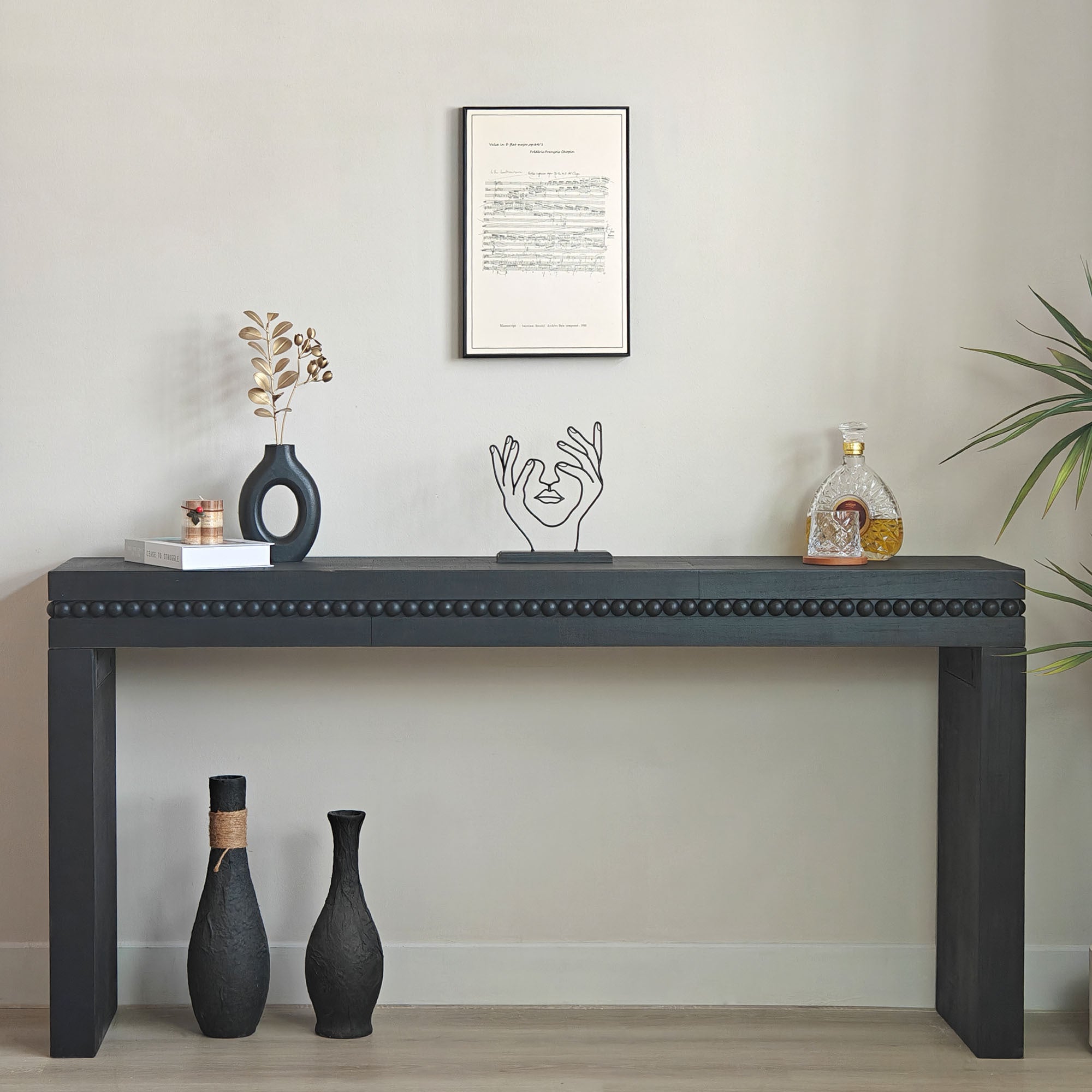 Modern Black Engineered Wood Console Table with Real Wood Bead Trim - Farmhouse Entryway Sofa Table for Living Room, Hallway - Grand Goldman Shop