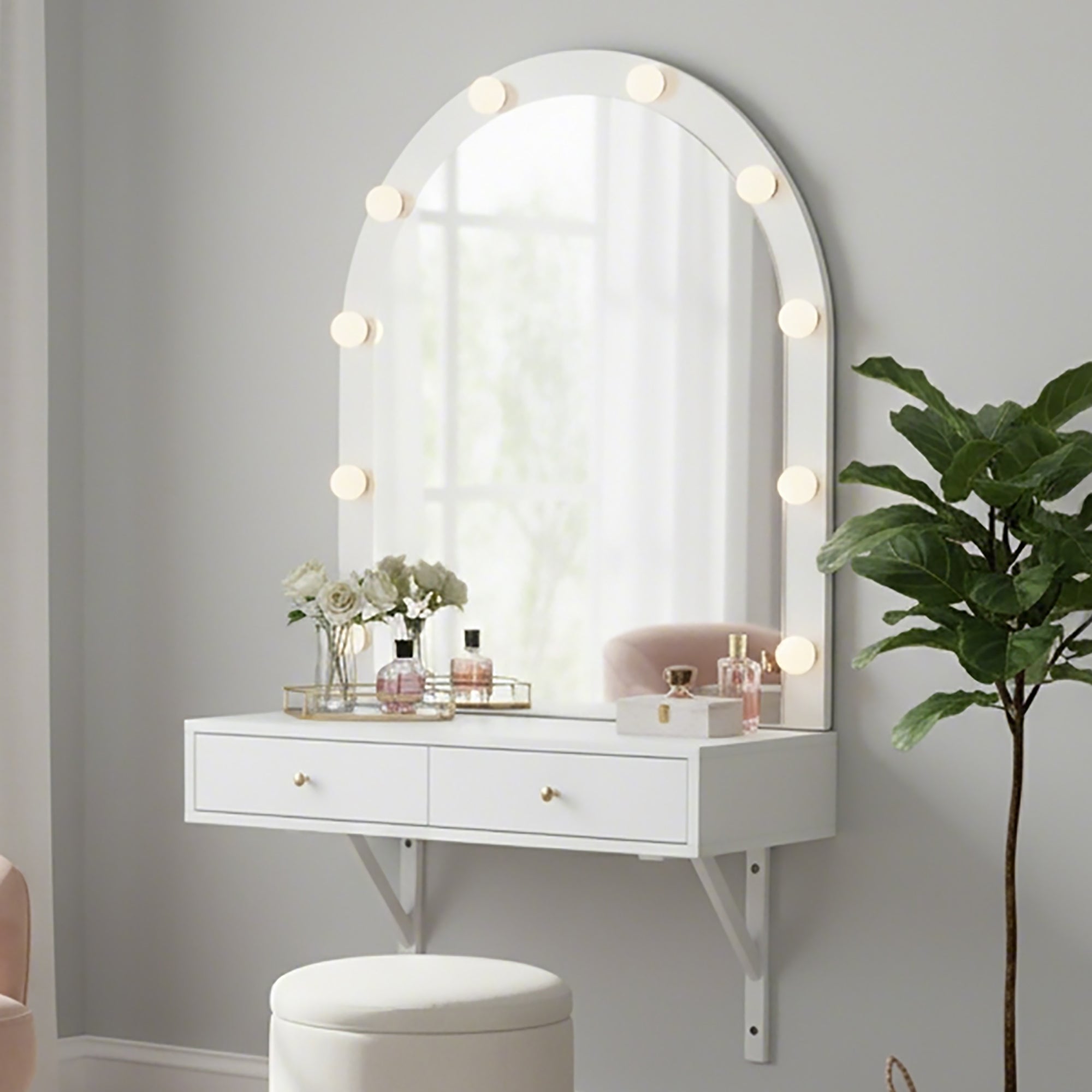 Floating Makeup Vanity Desk with Mirror & 3-Color Lights, Wall Dressing Table with Power Outlet, Compact vanity, Large Storage, White - Grand Goldman Shop