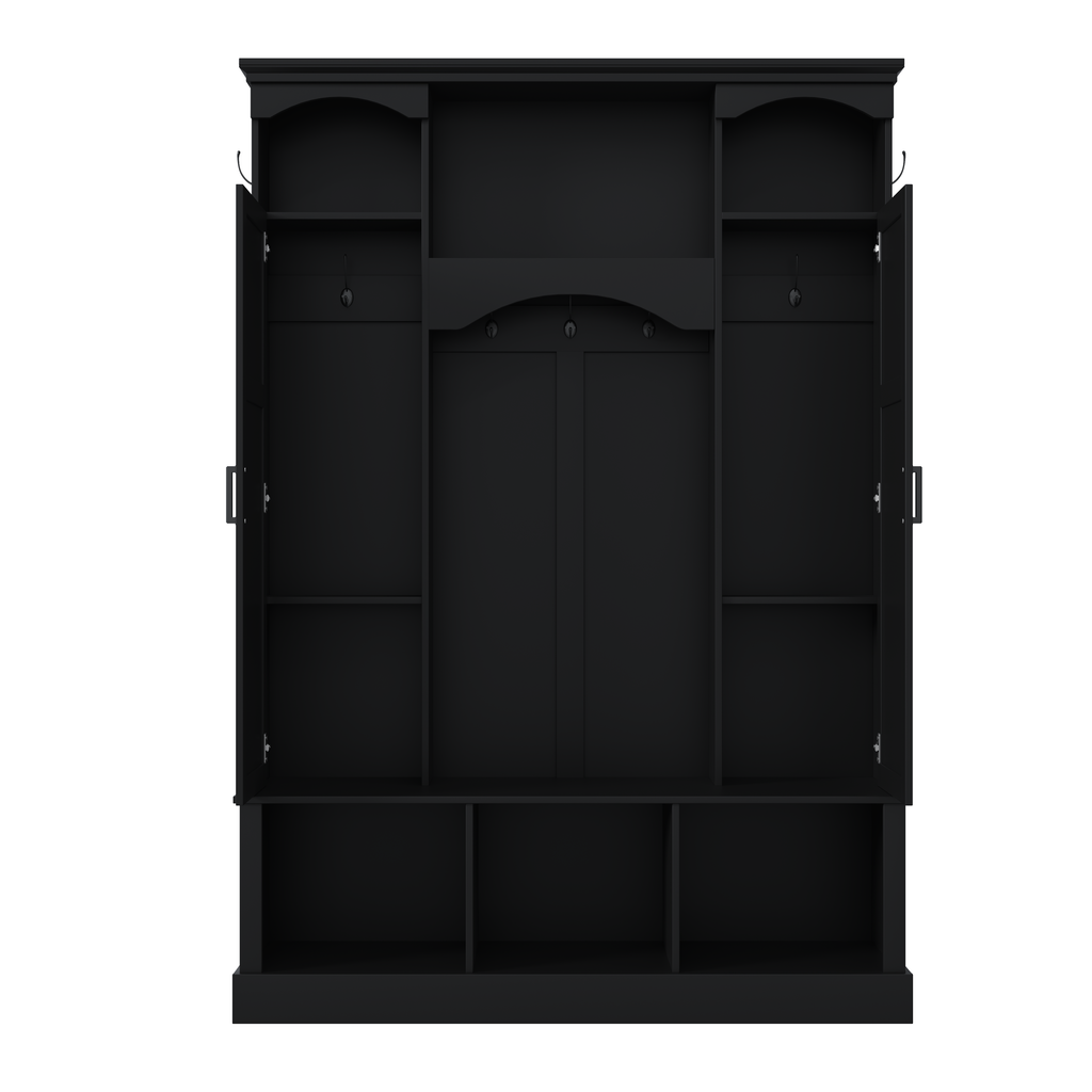 ON-TREND Modern All-in-One Hall Tree with Adjustable Shelves, Classic Arched Farmhouse Storage Bench with Dual Side Cabinets, Elegant Entryway Organizer with 7 Hooks for Mudroom, Hallway, Black - Grand Goldman Shop