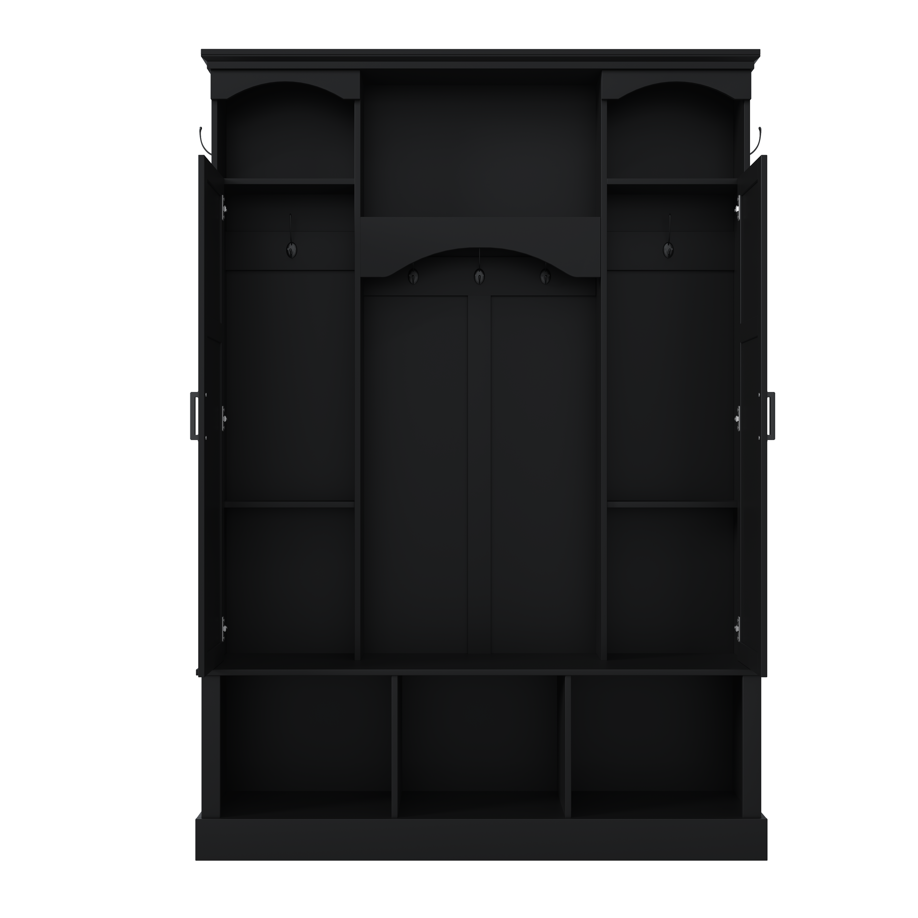 ON-TREND Modern All-in-One Hall Tree with Adjustable Shelves, Classic Arched Farmhouse Storage Bench with Dual Side Cabinets, Elegant Entryway Organizer with 7 Hooks for Mudroom, Hallway, Black - Grand Goldman Shop