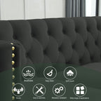Modern Black Velvet Sofa with Button Tufting and Metal Legs, 3-Seater Couch for Living Room or Bedroom, Upholstered in Soft Velvet with Solid Wood Frame - Grand Goldman Shop