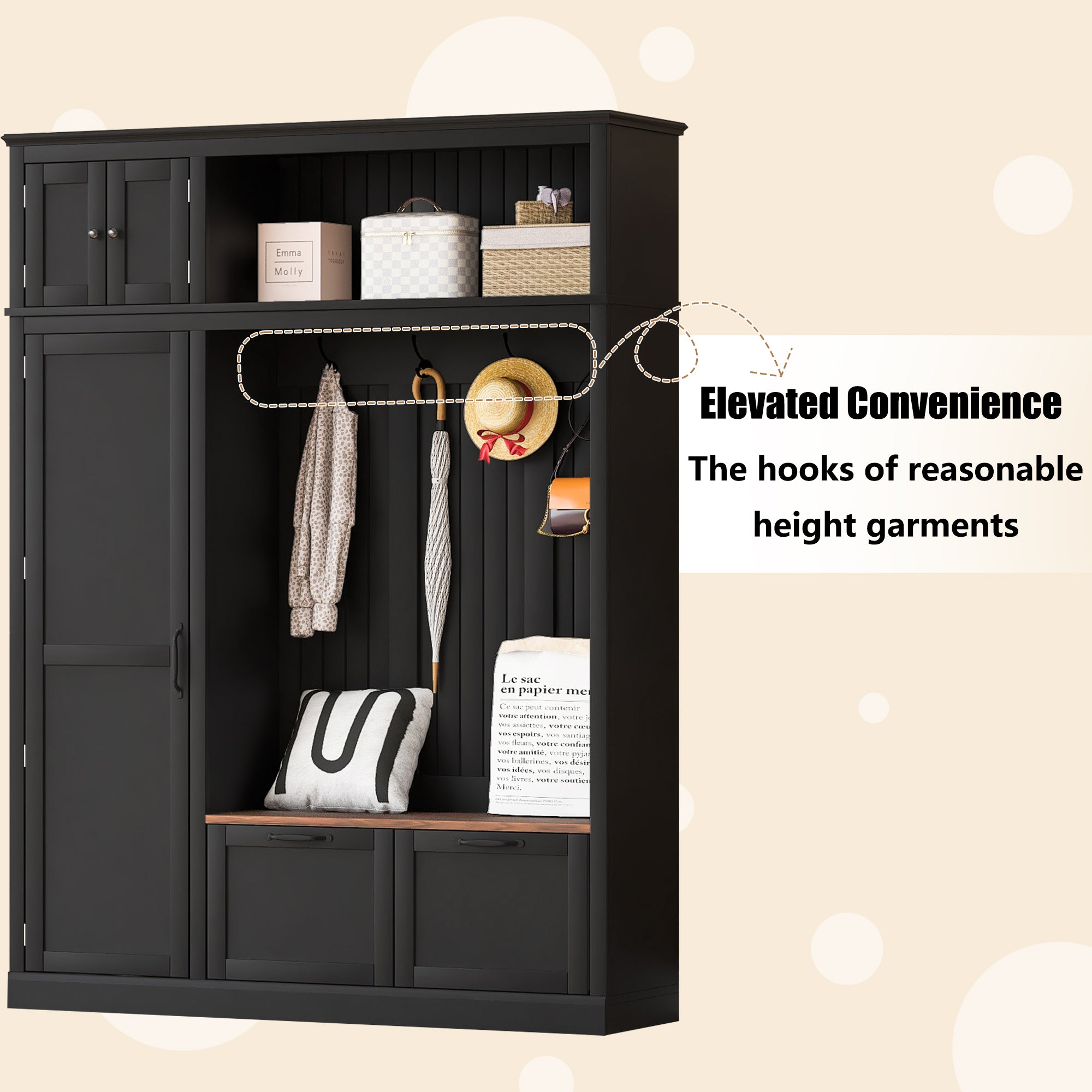 3-in-1 Hall Tree with Overhead Storage Cabinet, 3 Adjustable Side Shelves, 4 Heavy-Duty Hooks, 2 Spacious Drawers, Grooved Back Panel Design, Contrasting Seat Bench, Multifunctional Entryway Organizer - Grand Goldman Shop