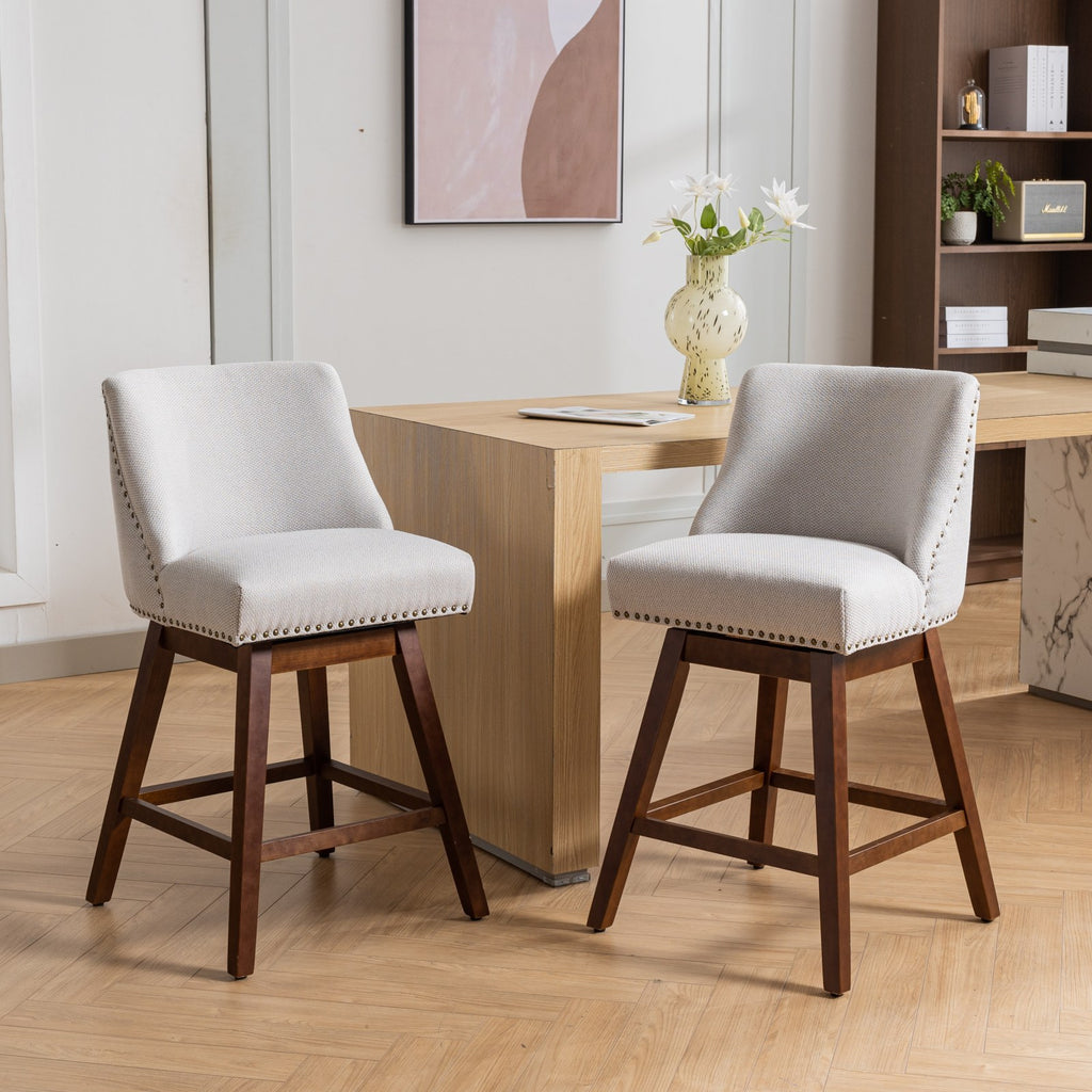 Ivory Upholstered Counter Height Swivel Barstools Set of 2, 26'' H Seat, Fabric and Rubber Wood - Grand Goldman Shop