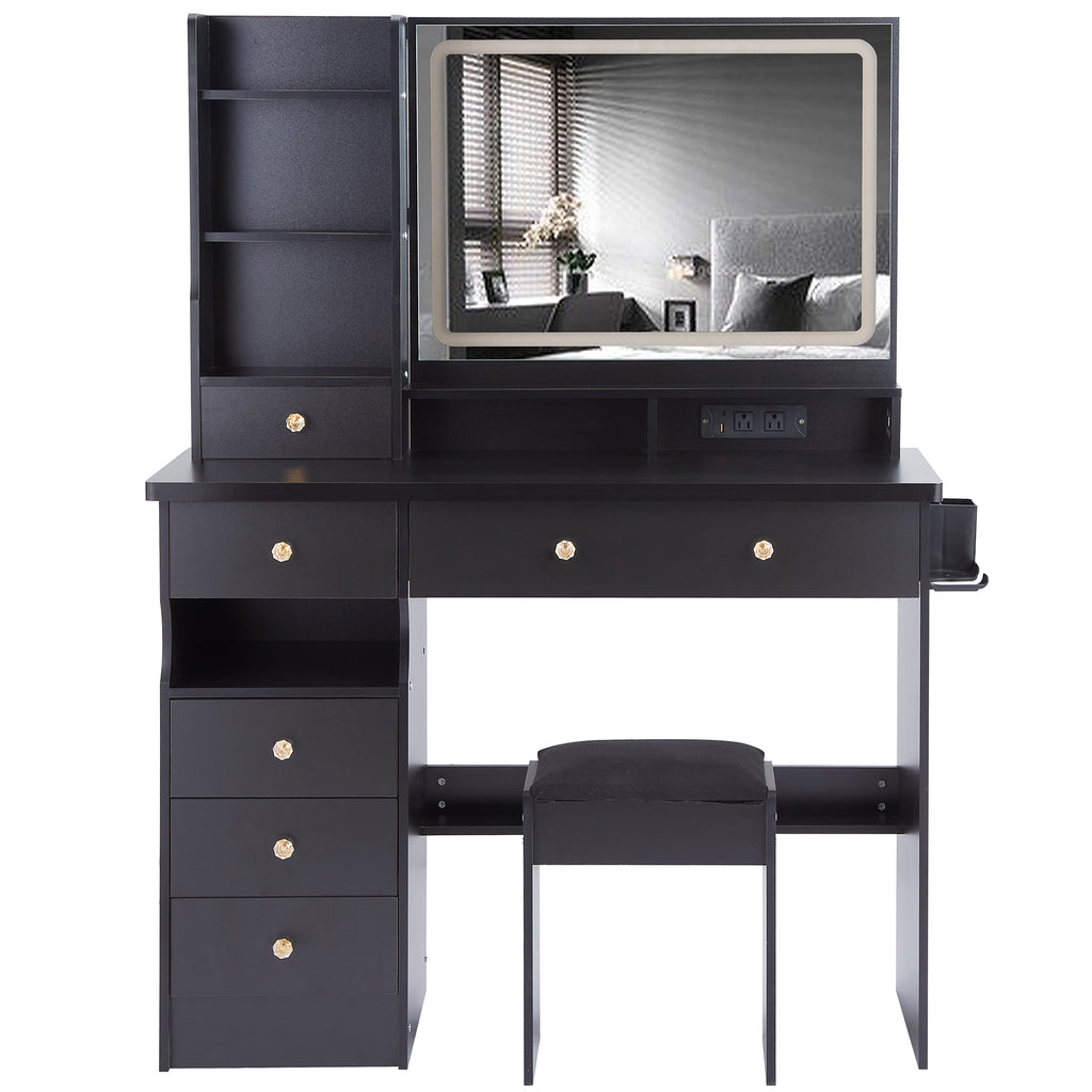 41' Large Size Left Drawer Desktop Vanity Table+Cushioned Stool Dresser Set, 2 AC+2 USB Power Station, Hair Dryer Stand, Extra Large Touch Control LED Mirror, 3-color Switch, EPA, GCC, UL Certificate - Grand Goldman Shop
