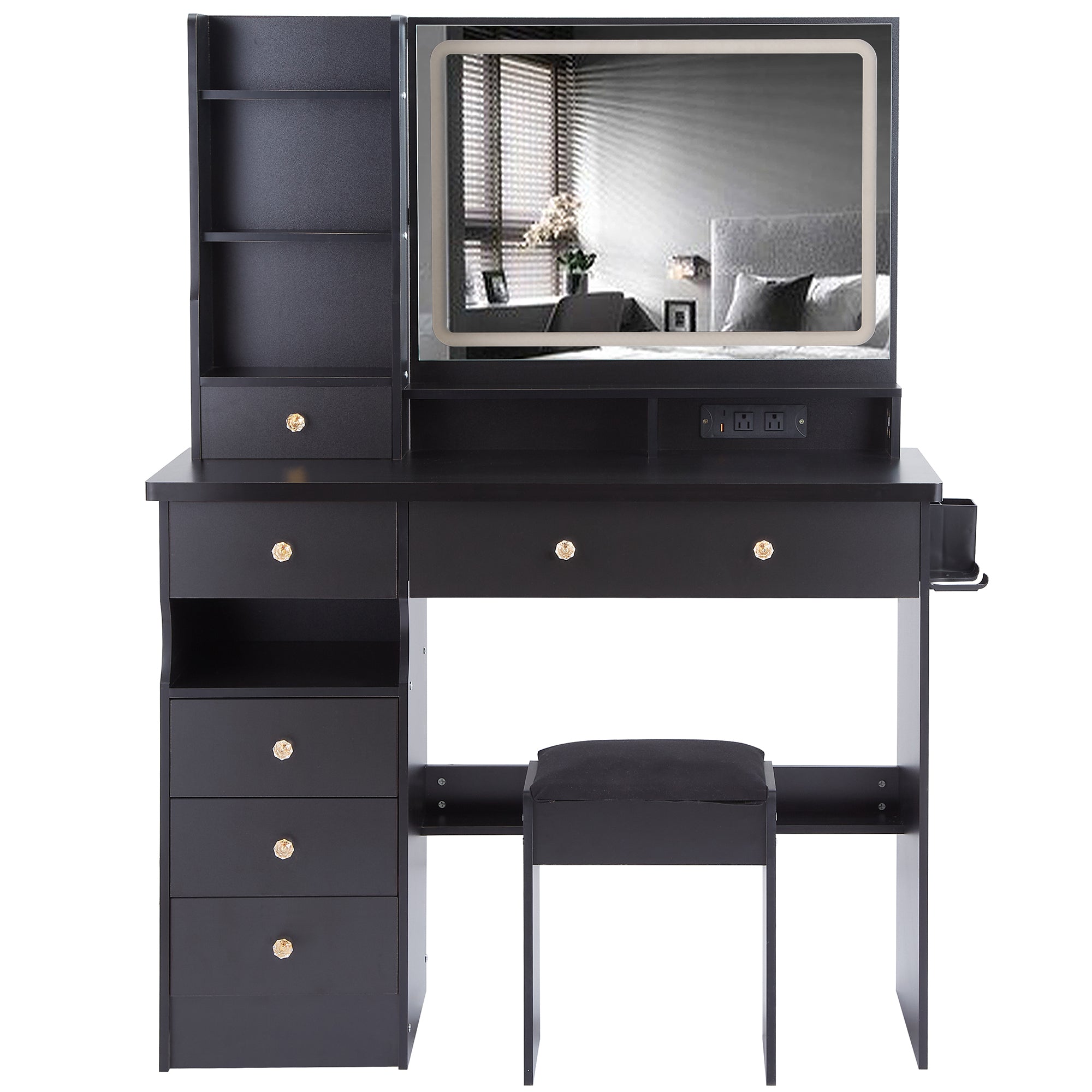 41' Large Size Left Drawer Desktop Vanity Table+Cushioned Stool Dresser Set, 2 AC+2 USB Power Station, Hair Dryer Stand, Extra Large Touch Control LED Mirror, 3-color Switch, EPA, GCC, UL Certificate - Grand Goldman Shop