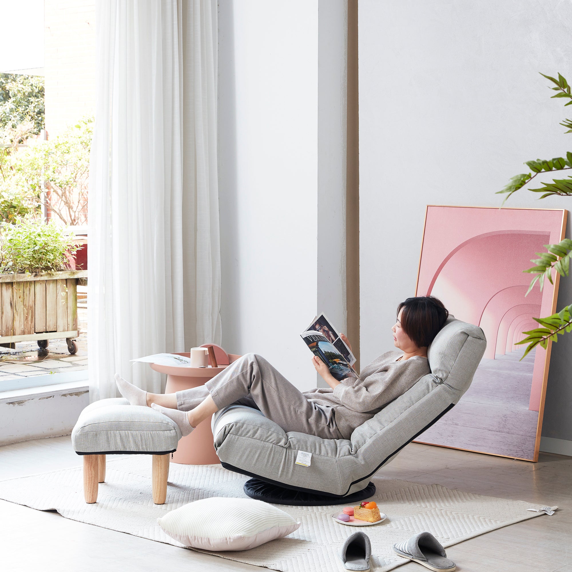 Japanese-Style  Gray with Metal Frame Adjustable Reclining Floor Chair – Tatami Lazy Sofa for Balcony or Bedroom - Grand Goldman Shop