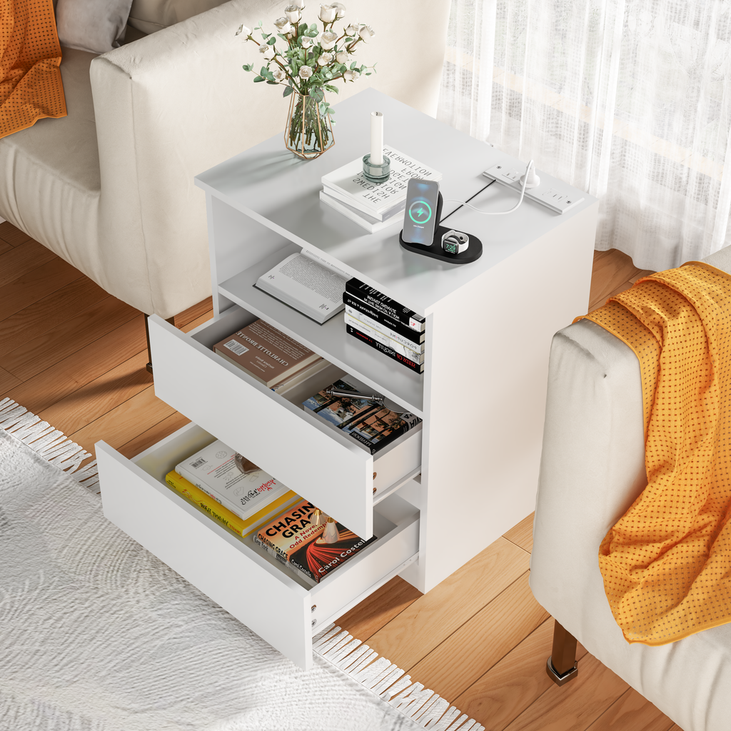 (Set of 2)End Table with Fast USB C Charging Station, Sofa Side Table with 2 Drawers, Large Storage Modern Wood Storage Cabinet for Living Room,Bedroom,Office, White - Grand Goldman Shop