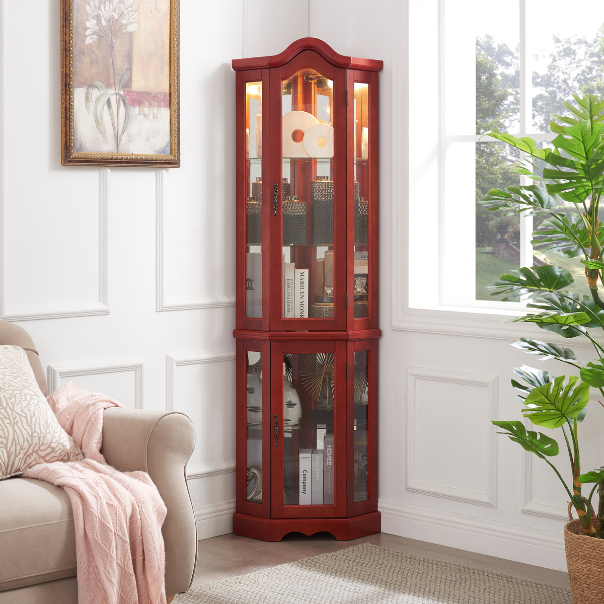 Curio Cabinet Lighted Glass Display Curio Cabinet w/Tempered Glass Doors and Shelves, Crown Corner Cabinet with Bulb, Corner Storage Decoration for Living room and Bedroom Cherry - Grand Goldman Shop