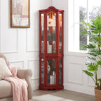Curio Cabinet Lighted Glass Display Curio Cabinet w/Tempered Glass Doors and Shelves, Crown Corner Cabinet with Bulb, Corner Storage Decoration for Living room and Bedroom Cherry - Grand Goldman Shop