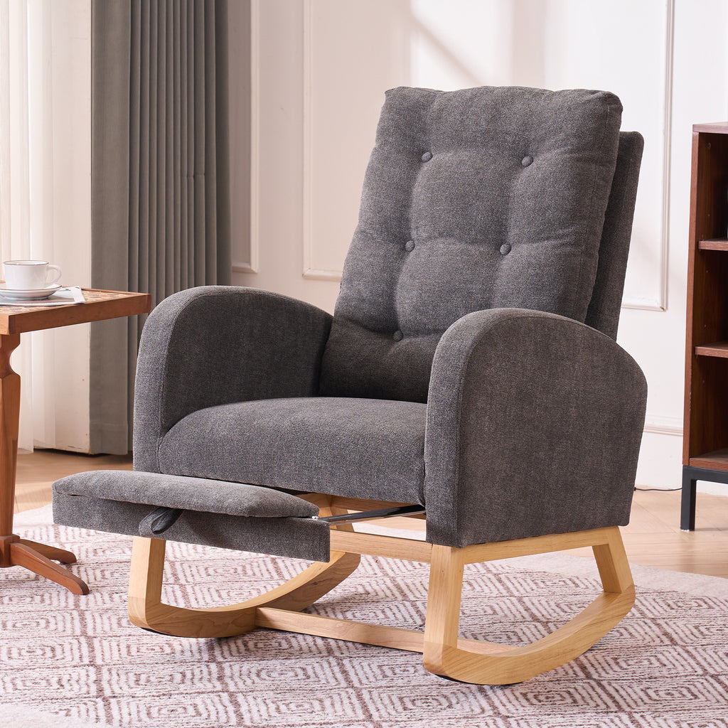 LY-5104 Gray Accent Rocking Chair with Footrest High Back Rubber Wood Rocking Legs - Grand Goldman Shop