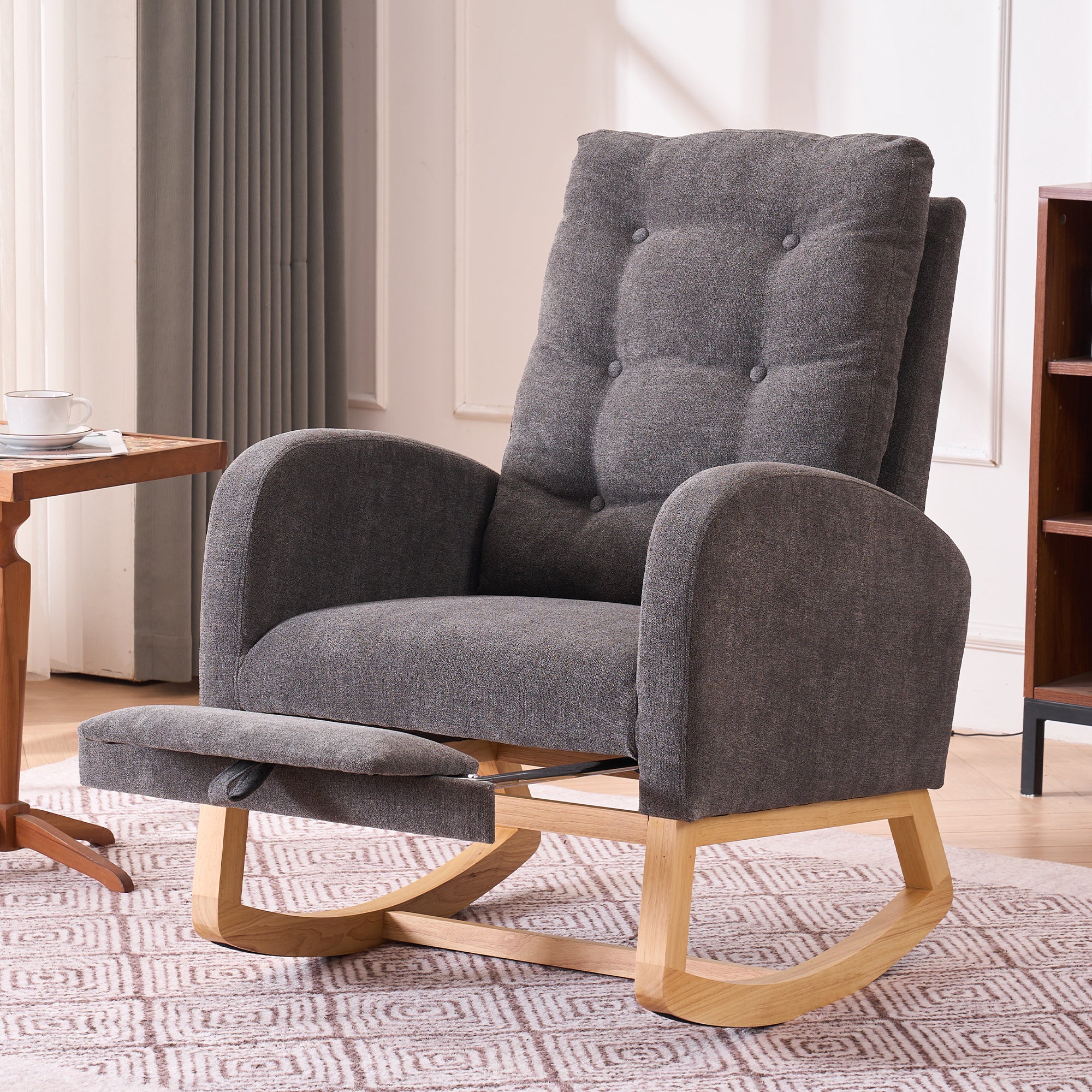 LY-5104 Gray Accent Rocking Chair with Footrest High Back Rubber Wood Rocking Legs - Grand Goldman Shop