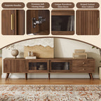 76' Modern Minimal Glass-Doors TV Stand for TVs up to 85 Inches, Wood-Grain Entertainment Center with Storage Cabinets, TV Media Console Table for Living Room, Bedroom - Grand Goldman Shop