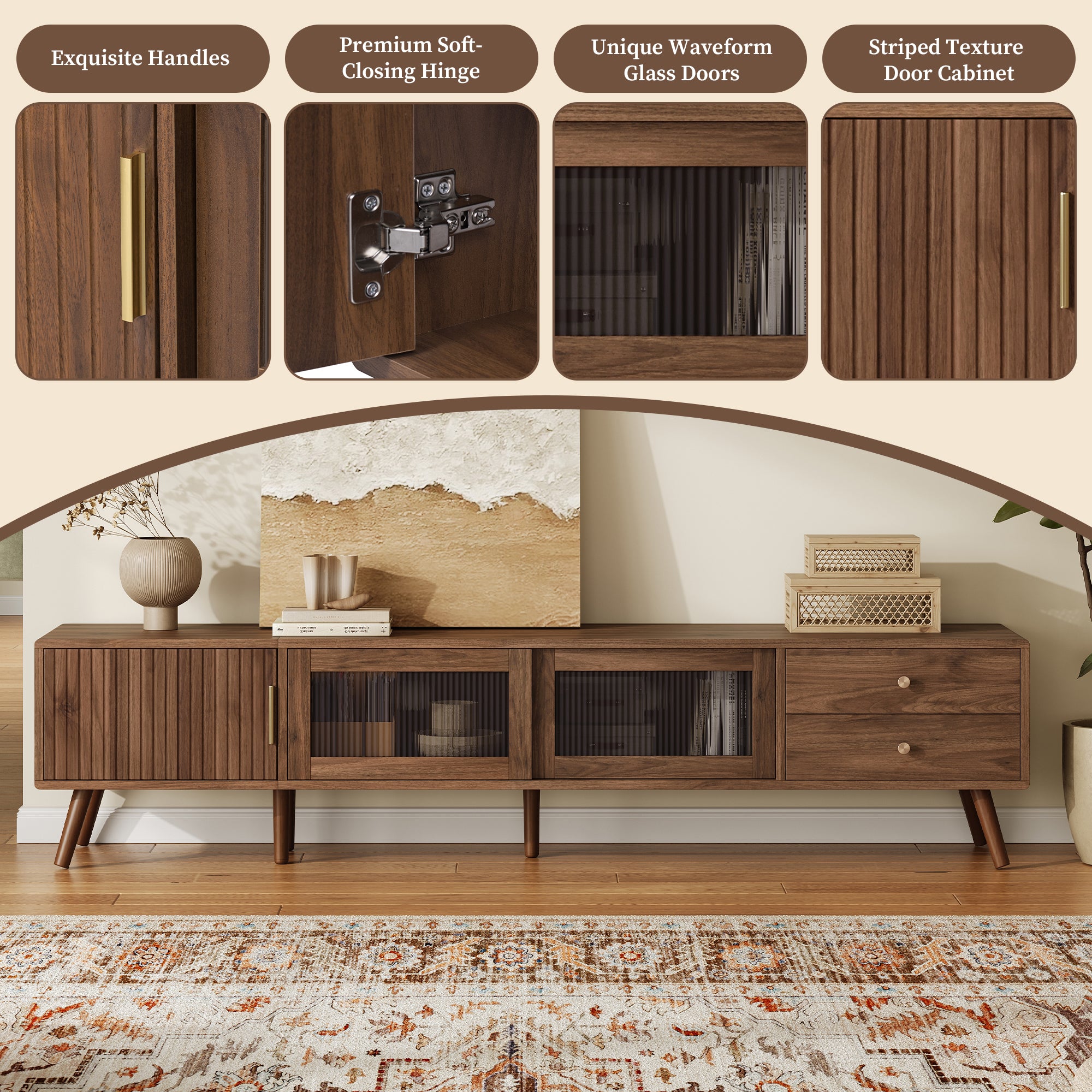 76' Modern Minimal Glass-Doors TV Stand for TVs up to 85 Inches, Wood-Grain Entertainment Center with Storage Cabinets, TV Media Console Table for Living Room, Bedroom - Grand Goldman Shop