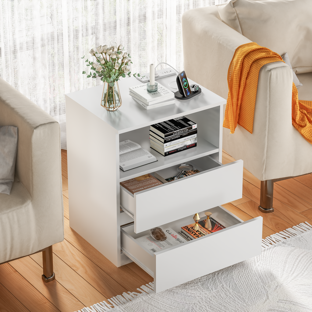 (Set of 2)End Table with Fast USB C Charging Station, Sofa Side Table with 2 Drawers, Large Storage Modern Wood Storage Cabinet for Living Room,Bedroom,Office, White - Grand Goldman Shop