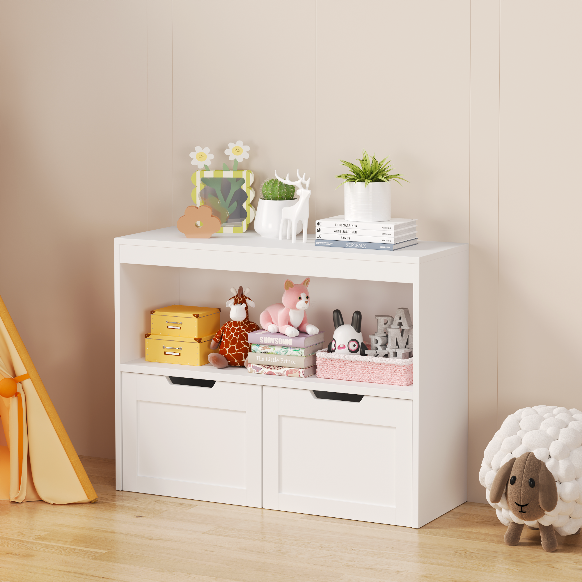 White Book Organizer with Large Drawers and Open Shelves, MDF Toy Storage Cabinet with Removable Wheels and Rounded Edges - G