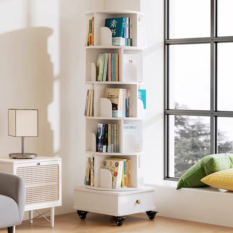 Rotating Bookshelf with Drawer, 360 Display 6 Tier Corner Bookshelf for Small Space, Floor Standing Bookcase Storage Rack, Wood Narrow Organizer for Bedroom, Living Room (WHITE) - Grand Goldman Shop